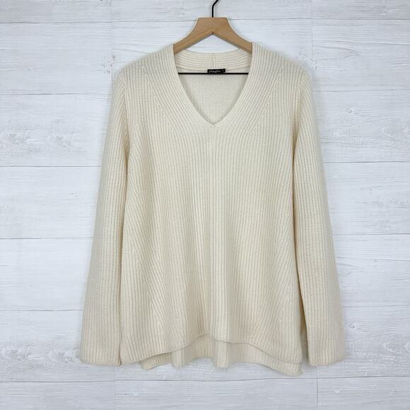 J. McLaughlin Wool Cashmere Sweater Size Large V Neck Ivory Luxury Minimalist - Picture 2 of 14